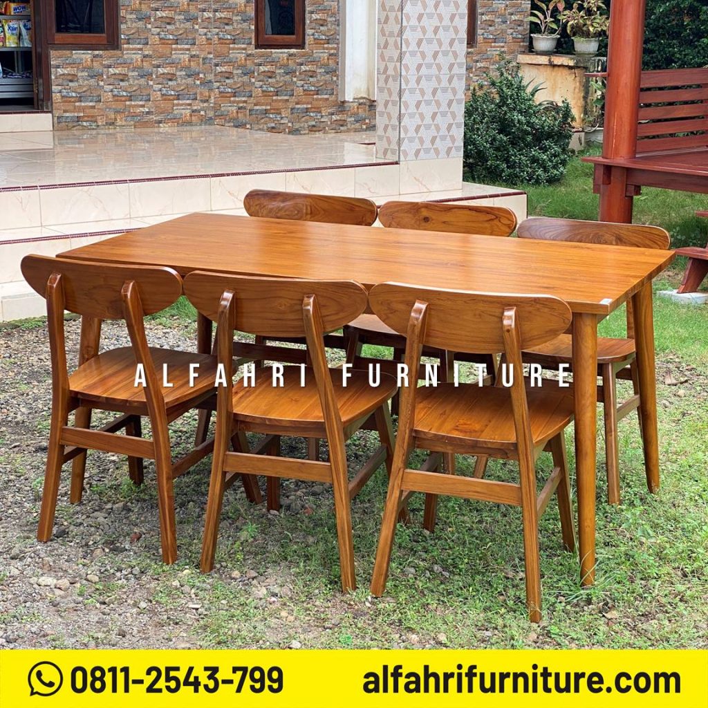 Meja Makan Jati Panjang Minimalis Finishing Natural 6 Kursi