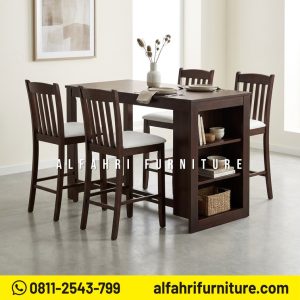 Meja Makan Bar Minimalis Jati 4 Kursi Modern – Set Meja Cafe Kayu Jati Multifungsi