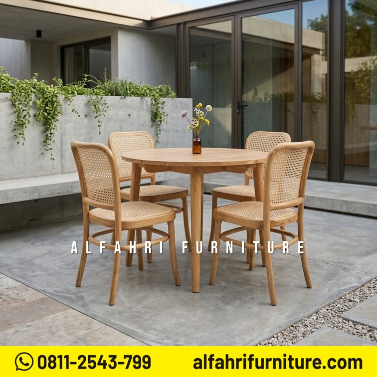 Meja Makan Bulat Minimalis Kayu Jati Scandinavian 4 Kursi Diameter 100 cm Modern
