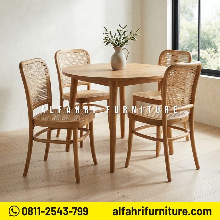 Meja Makan Bulat Minimalis Kayu Jati Scandinavian 4 Kursi Diameter 100 cm Modern