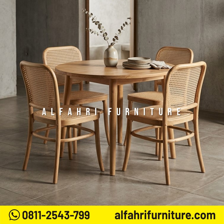 Meja Makan Bulat Minimalis Kayu Jati Scandinavian 4 Kursi Diameter 100 cm Modern