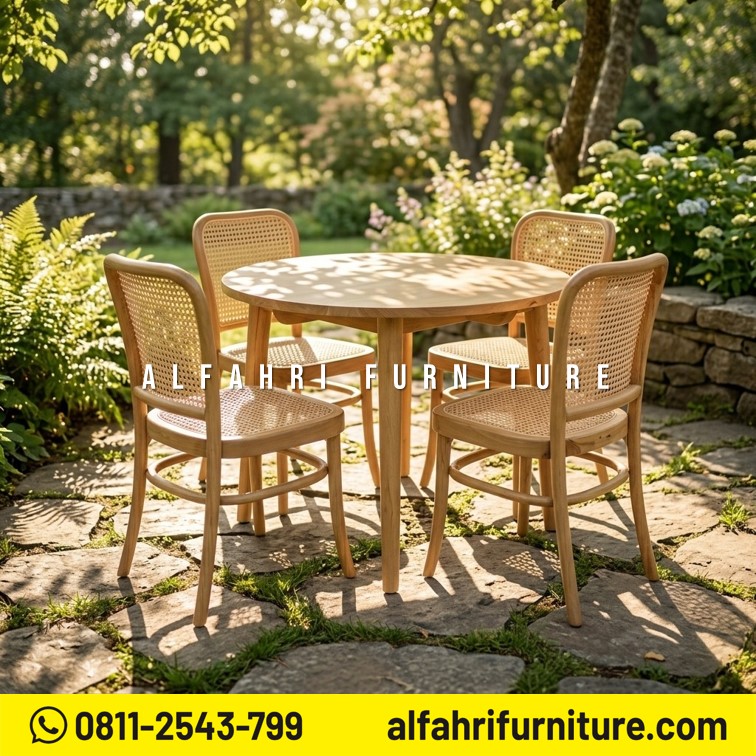 Meja Makan Bulat Minimalis Kayu Jati Scandinavian 4 Kursi Diameter 100 cm Modern
