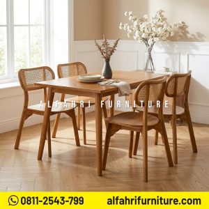 Meja Makan Minimalis Jati Rotan 4 Kursi Ukuran 140x80 cm Set Meja Makan Kayu Jati Modern