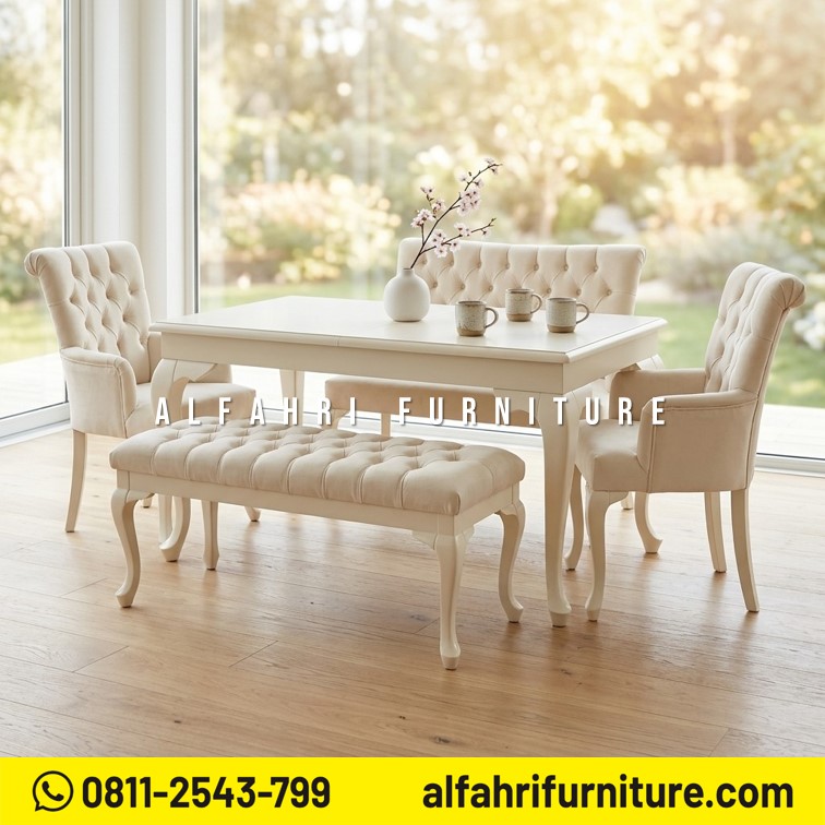 Meja Makan Minimalis Putih 4 Kursi 1 Bangku Kayu Jati Scandinavian Modern 160 cm