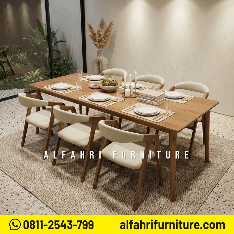 Set Meja Makan Jati Minimalis 6 Kursi Modern Scandinavian Kayu Jati Solid
