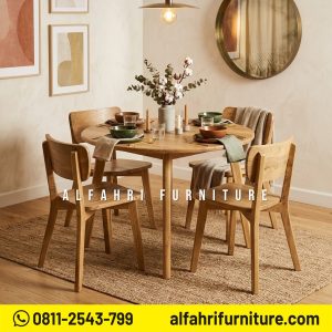 Set Meja Makan Jati Minimalis Retro Scandinavian 4 Kursi – Dining Table Bulat Kayu Jati Modern
