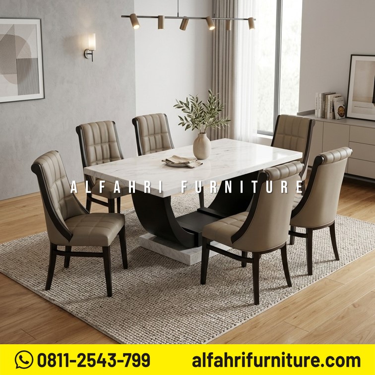 Set Meja Makan Marmer 6 Kursi Minimalis Modern Kayu Jati Premium Custom Warna