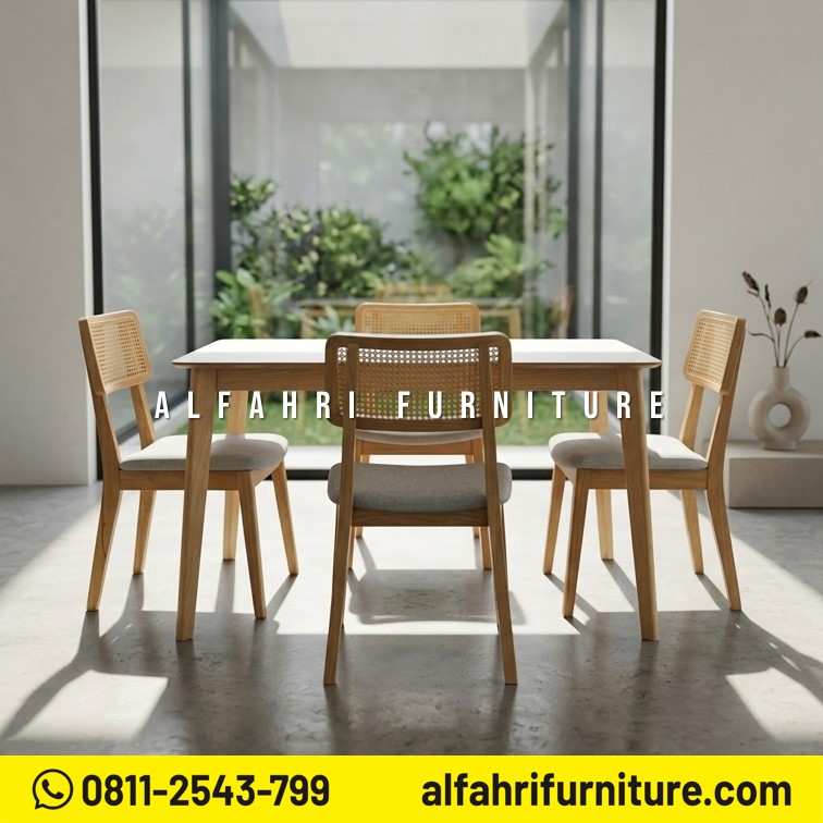 Set Meja Makan Marmer Minimalis 4 Kursi Kayu Jati Modern Scandinavian 160x80