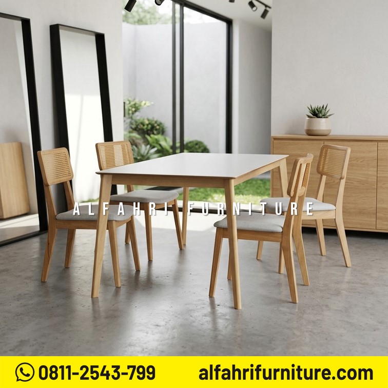 Set Meja Makan Marmer Minimalis 4 Kursi Kayu Jati Modern Scandinavian 160x80