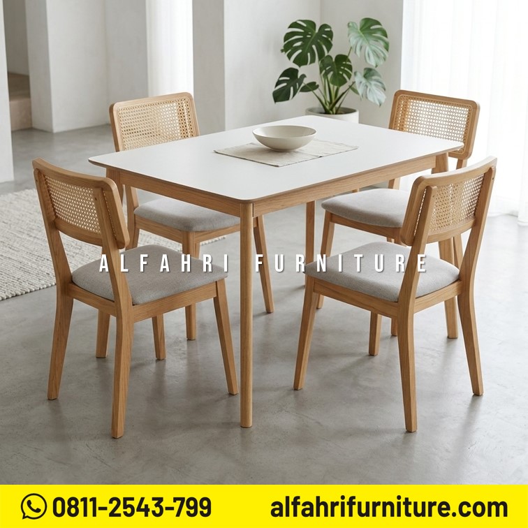 Set Meja Makan Marmer Minimalis 4 Kursi Kayu Jati Modern Scandinavian 160x80