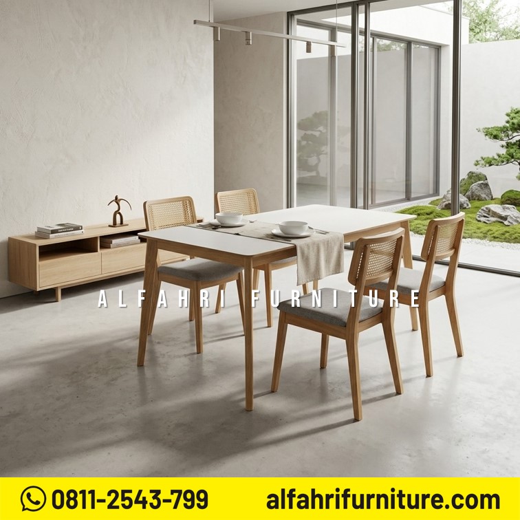 Set Meja Makan Marmer Minimalis 4 Kursi Kayu Jati Modern Scandinavian 160x80