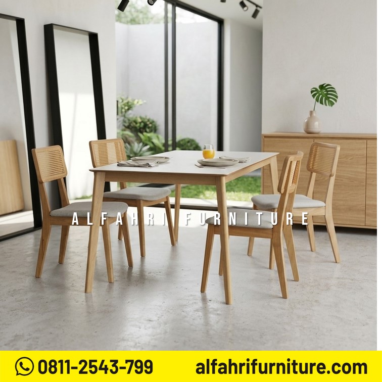 Set Meja Makan Marmer Minimalis 4 Kursi Kayu Jati Modern Scandinavian 160x80