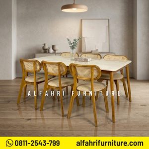 Set Meja Makan Marmer Minimalis 6 Kursi Kayu Jati Scandinavian Modern