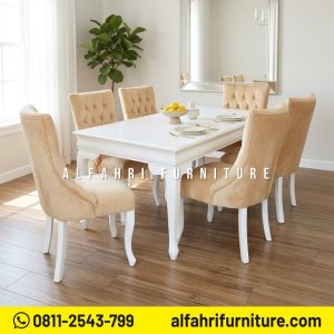 Set Meja Makan Minimalis 6 Kursi Kayu Jati Solid Cushion Full Jok Modern Elegan 220x90 cm