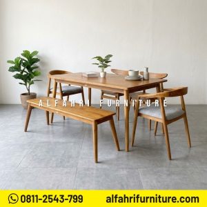 Set Meja Makan Minimalis Jati Scandinavian 6 Kursi Bench 160x80 Kayu Jati Solid