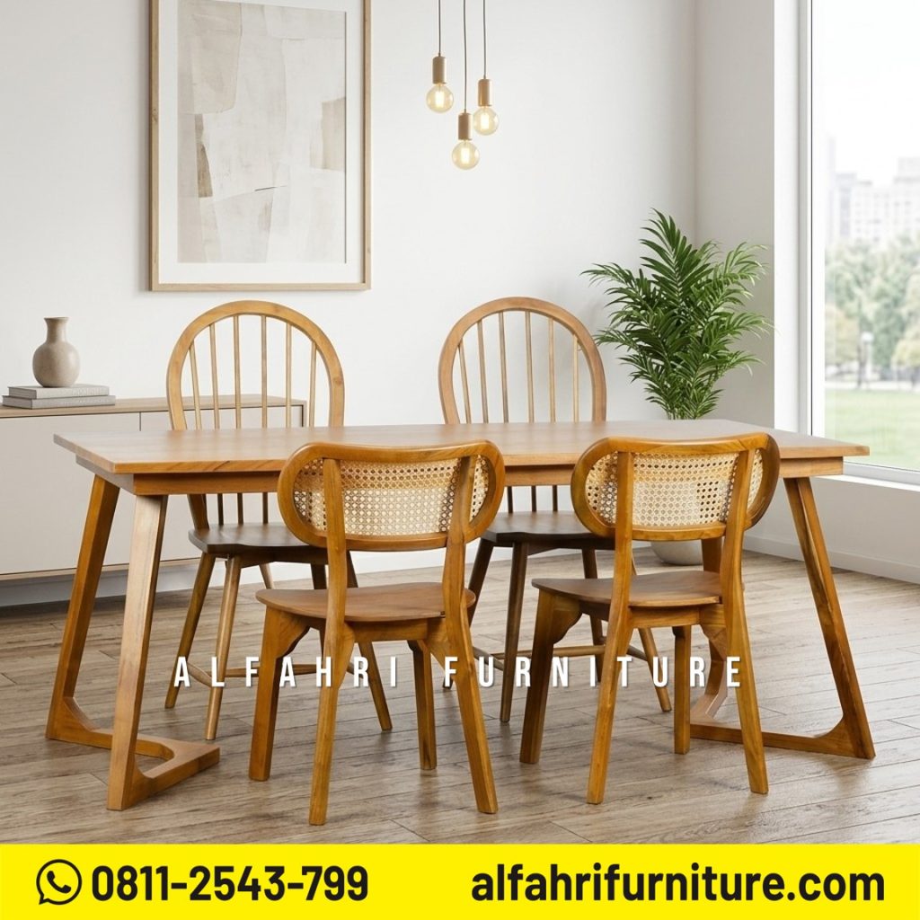 Set Meja Makan Minimalis Jati Scandinavian Retro 6 Kursi – Dining Table Kayu Jati Modern