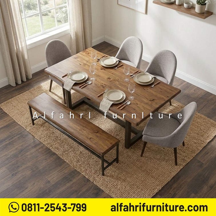 Set Meja Makan Minimalis Kayu Jati Kaki Besi 4 Kursi 1 Bangku Meja Makan Kursi Jok Modern