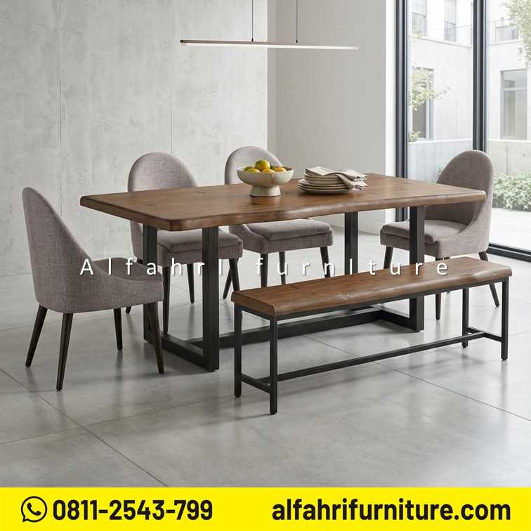 Set Meja Makan Minimalis Kayu Jati Kaki Besi 4 Kursi 1 Bangku Meja Makan Kursi Jok Modern