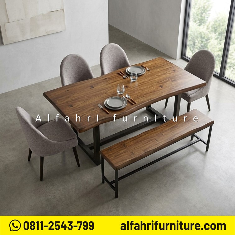 Set Meja Makan Minimalis Kayu Jati Kaki Besi 4 Kursi 1 Bangku Meja Makan Kursi Jok Modern