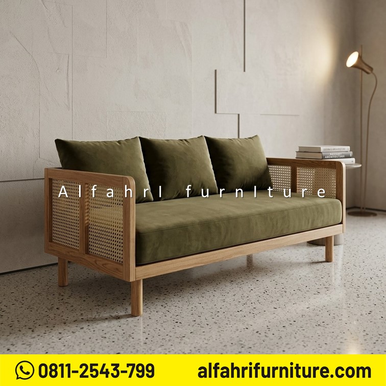 Sofa Minimalis Jati Anyaman Rotan 2 Dudukan Kursi Sofa Kayu Jati Modern Scandinavian Terbaru