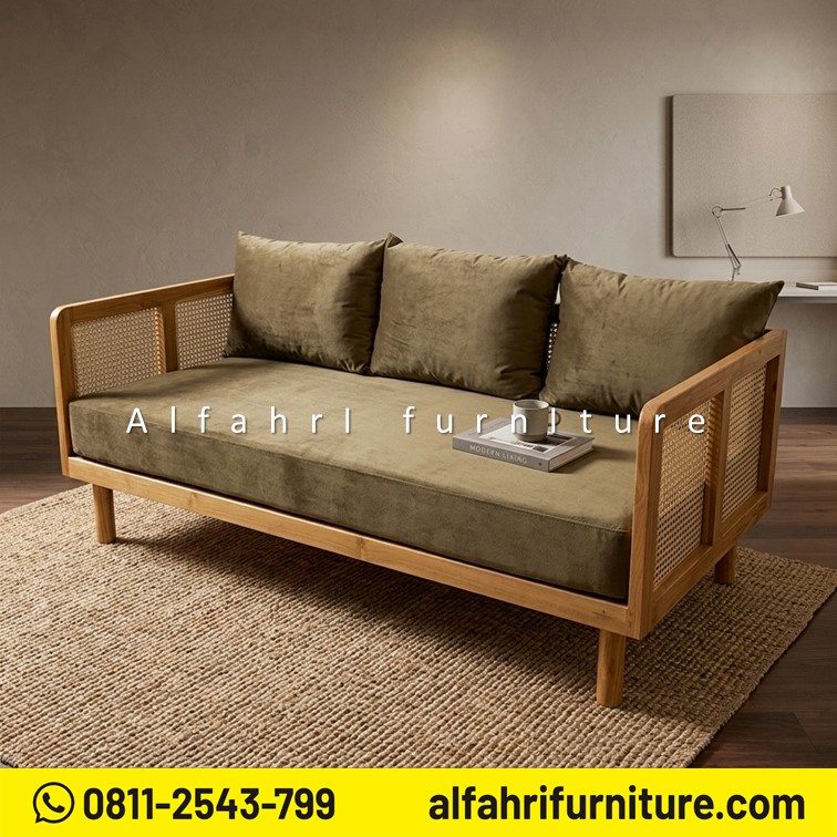 Sofa Minimalis Jati Anyaman Rotan 2 Dudukan Kursi Sofa Kayu Jati Modern Scandinavian Terbaru