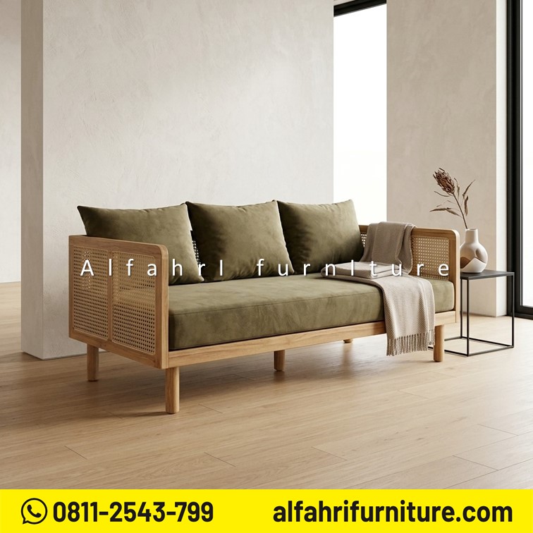 Sofa Minimalis Jati Anyaman Rotan 2 Dudukan Kursi Sofa Kayu Jati Modern Scandinavian Terbaru