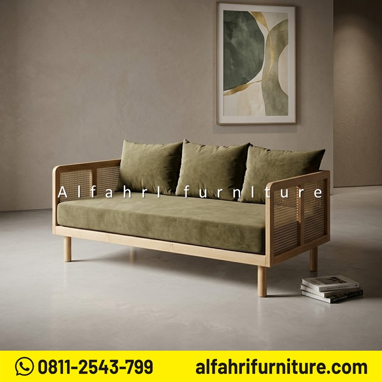 Sofa Minimalis Jati Anyaman Rotan 2 Dudukan Kursi Sofa Kayu Jati Modern Scandinavian Terbaru