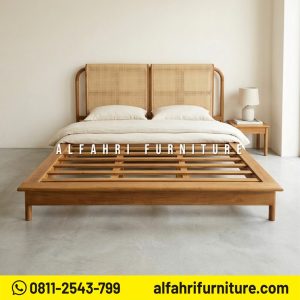 Dipan Kayu Jati Minimalis 180x200 cm Tempat Tidur Jati Modern Headboard Rotan Natural