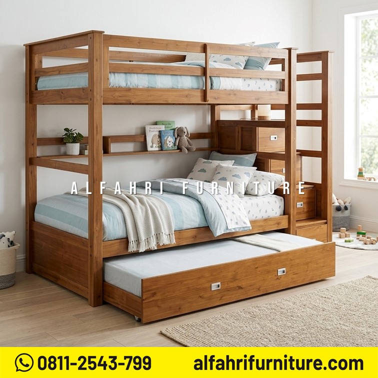 Tempat Tidur Tingkat Kayu Jati 3 Susun Minimalis 120x200 & 100x200 Ranjang Tingkat Jati Modern