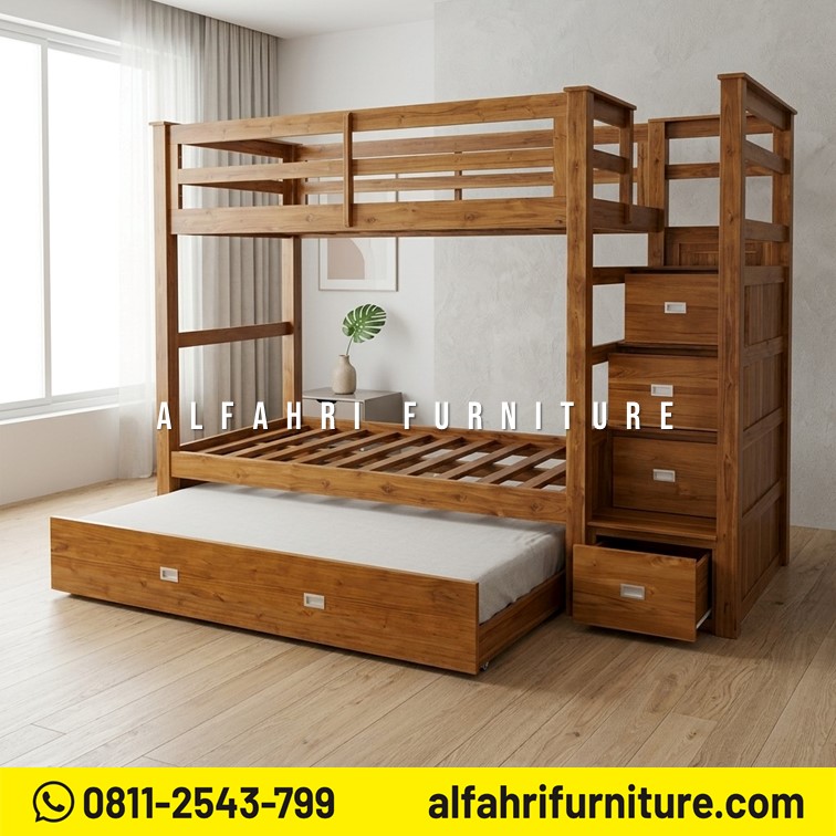Tempat Tidur Tingkat Kayu Jati 3 Susun Minimalis 120x200 & 100x200 Ranjang Tingkat Jati Modern
