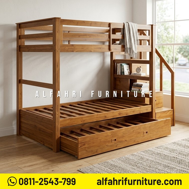 Tempat Tidur Tingkat Kayu Jati 3 Susun Minimalis 120x200 & 100x200 Ranjang Tingkat Jati Modern