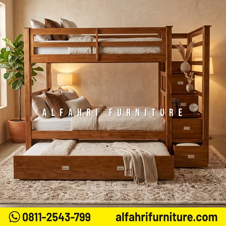 Tempat Tidur Tingkat Kayu Jati 3 Susun Minimalis 120x200 & 100x200 Ranjang Tingkat Jati Modern