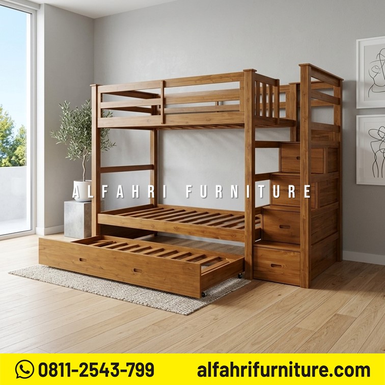 Tempat Tidur Tingkat Kayu Jati 3 Susun Minimalis 120x200 & 100x200 Ranjang Tingkat Jati Modern