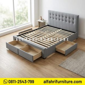 Dipan Tempat Tidur Jati Minimalis 160x200 cm dengan 4 Laci Penyimpanan Ranjang Jok Upholstery Modern