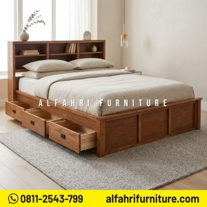 Ranjang Jati Minimalis Modern 160x200 cm dengan Laci Penyimpanan Tempat Tidur Jati Knock Down
