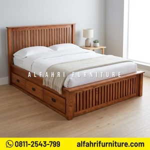 Tempat Tidur Jati Minimalis 160x200 cm dengan Laci Ranjang Kayu Jati Modern Solid