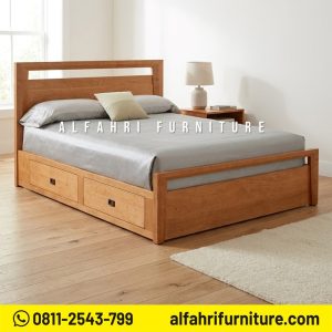 Tempat Tidur Jati Minimalis Modern 160x200 cm dengan Laci Ranjang Kayu Jati Knock Down Mewah